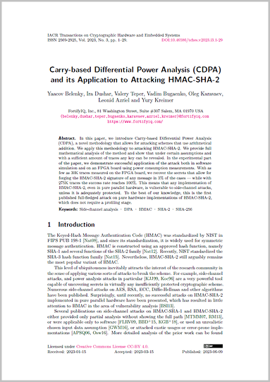 Academic paper title page discussing carry-based differential power analysis method for attacking HMAC-SHA-2 cryptographic