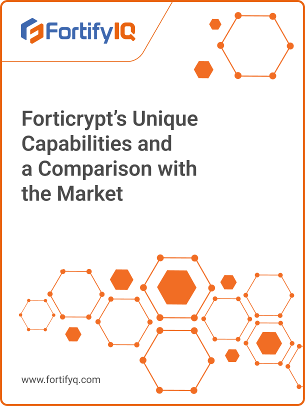 FortifyIQ branding with interconnected hexagon network diagram illustrating cryptographic capabilities and competitive