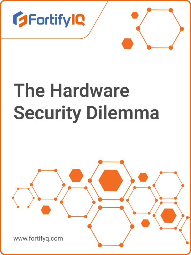 FortifyIQ branding with interconnected hexagonal network nodes illustrating hardware security concepts and challenges in