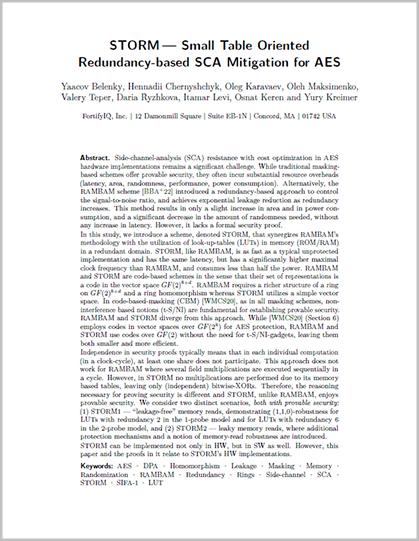 Academic paper title page describing STORM redundancy based side channel attack mitigation for AES cryptography